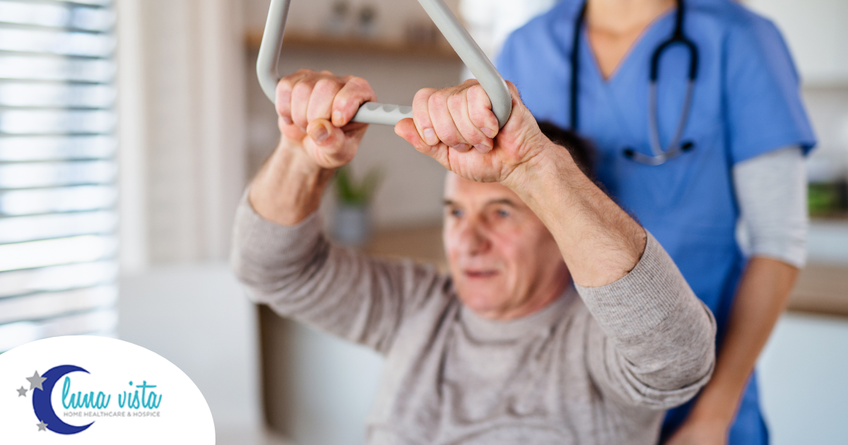 A senior exercises and improves his strength through physical therapy in his own home.